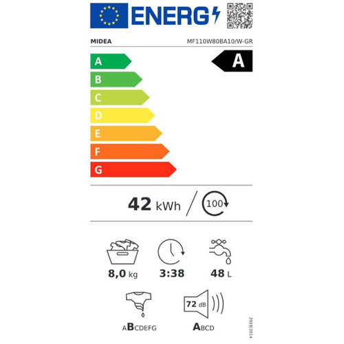 Midea MF110W80BA10/W-GR Πλυντήριο Ρούχων 8kg 1400rpm Inverter Λευκό | Ενεργειακή Κλάση A Midea MF110W80BA10/W-GR Πλυντήριο Ρούχων 8kg 1400rpm Inverter Λευκό | Ενεργειακή Κλάση A